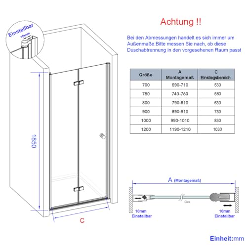 Rahmenlose Duschtür faltbar mit hochwertigen Montageteilen von EMKE - 6