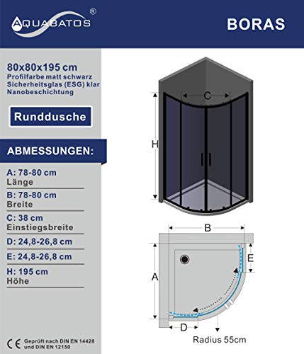 AQUABATOS® 80x80 x 195cm Duschkabine Matt Schwarz eckeinstieg Viertelkreis Rund Dusche Schiebetür Duschabtrennung Runddusche Duschtrennwand aus 6mm ESG Nano Glas - 6