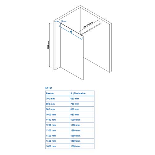 Duschabtrennung Walk-In Nano Echtglas EX101 - graues Glas - Breite wählbar, Breite Walk-In:700mm - 6