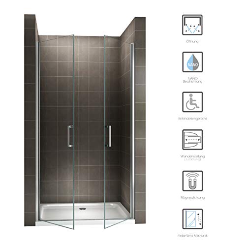 i-flair Duschtür 80x180 cm Verstellbereich von 80-83 cm, Höhe: 180 cm, Duschabtrennung aus 6 mm durchsichtigem ESG Sicherheitsglas mit Nanobeschichtung und Edelstahlgriffe - Alle Größen NC - 2