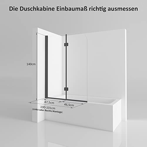 Boromal Duschwand für badewanne 100x140cm 2-teilig Schwarz Faltbar Badewannenaufsatz Duschtrennwand Duschabtrennung mit 6mm Nano Easy Clean Glas - 5
