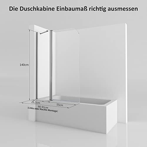Duschtrennwand für Badewanne 90 x 140 cm Faltwand für Badewanne 6mm ESG Glas Nano Beschichtung Duschtrennwand Badewannenaufsatz - 4