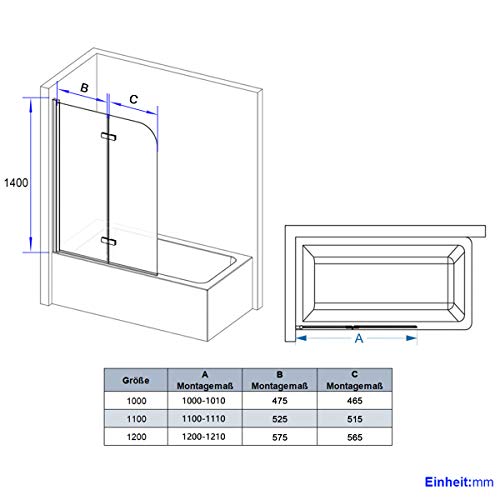 KOBEST 110x140cm Duschabtrennung Badaufsatz Badewanne Duschwand 2-teilig klappbar 6mm Duschwand Badewanne mit beidseitiger Nano-Beschichtung Glas - 3