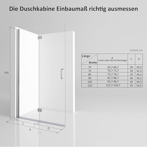 Walk in Duschwand, 70x195 cm Falttür Begehbare Dusche Duschkabine Duschtrennwand 6mm ESG-Sicherheitsglas Nano Beschichtung - 5