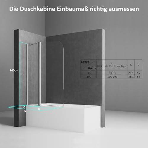 WOWINNE Duschwand für Badewanne 90x140cm 2-teilig Badewannenaufsatz Pendeltür Duschabtrennung Badewannenwand 6 mm ESG Glas - 4